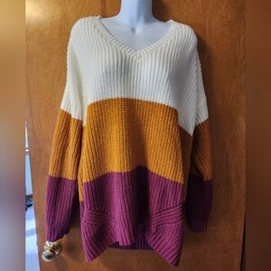Colorblock V-Neck Shaker Knit Sweater - Cream, Gold, Purple